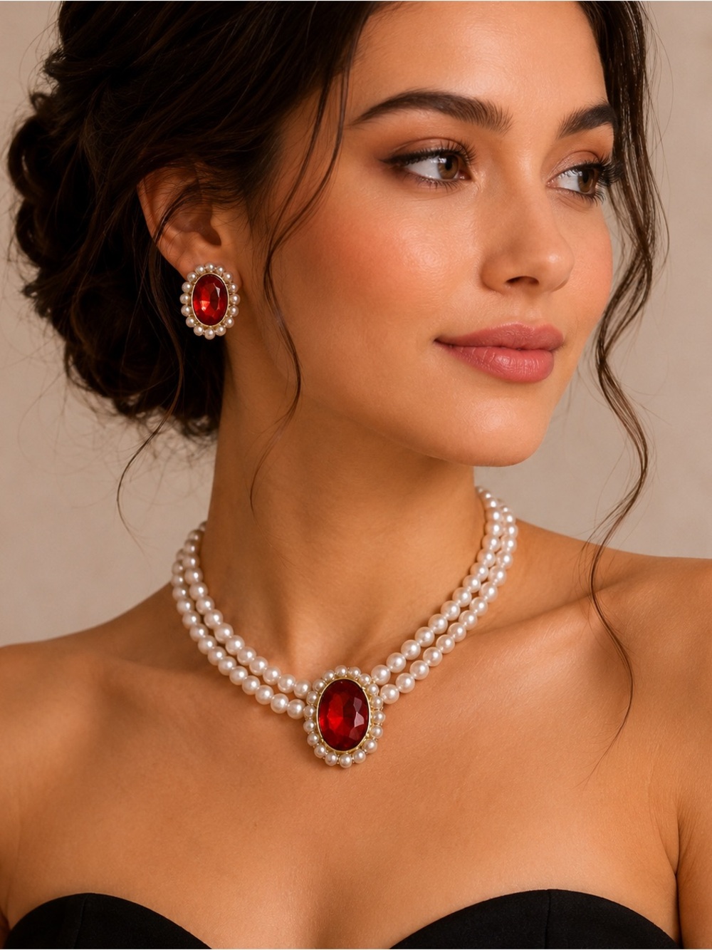 Fashion Jewelry Pearl Choker with Red Center Gem & Matching Earrings Set